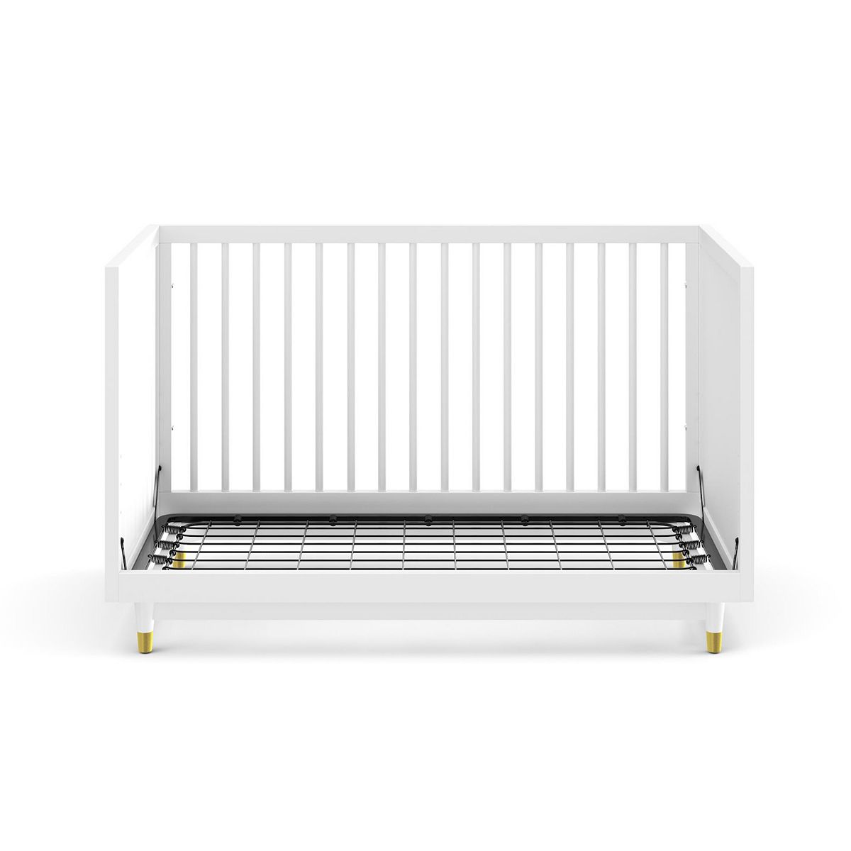 White crib with slatted mattress platform and tall vertical safety rails