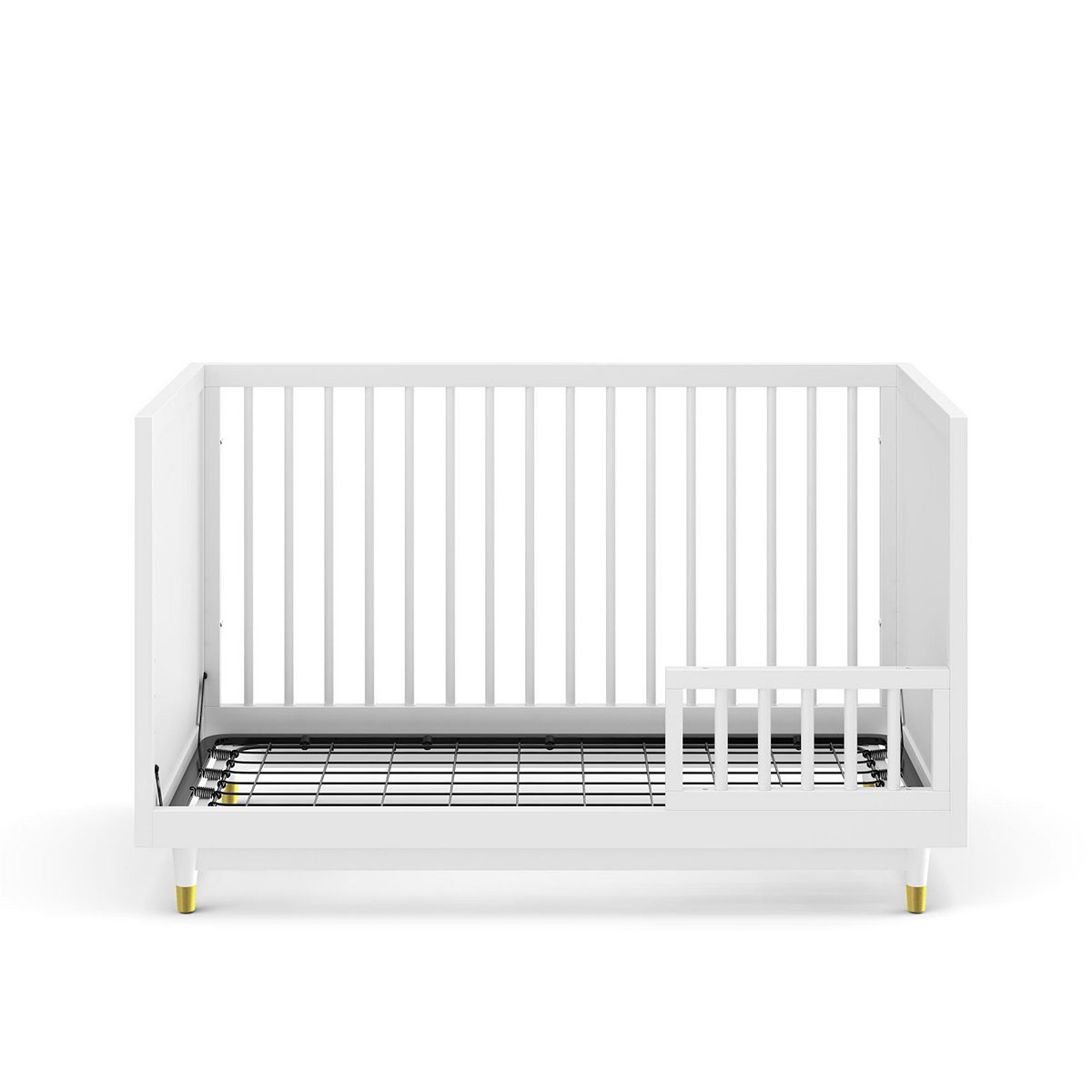White crib showing slatted side rails and adjustable mattress base hardware