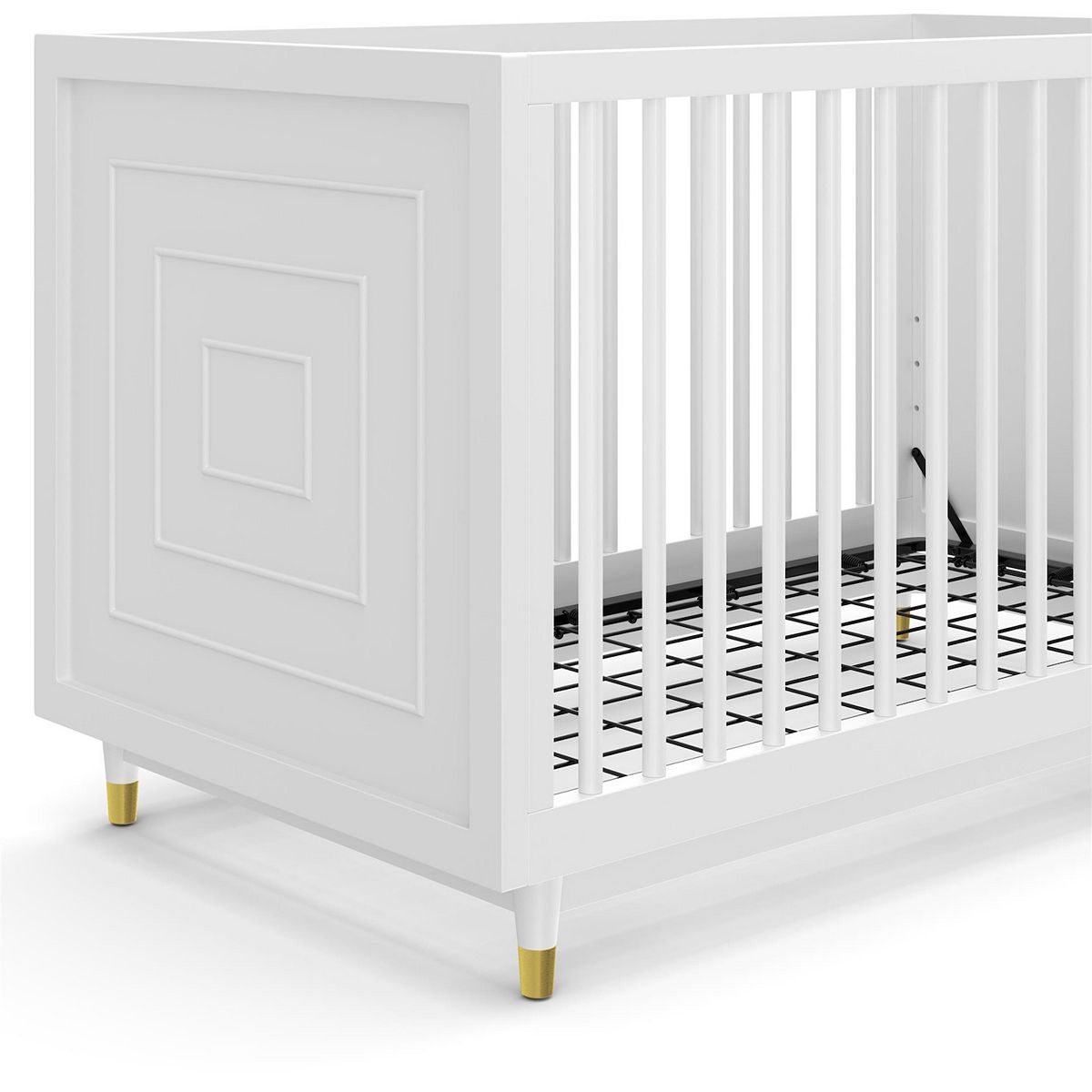 White crib close-up with inset end panel and vertical slat rail