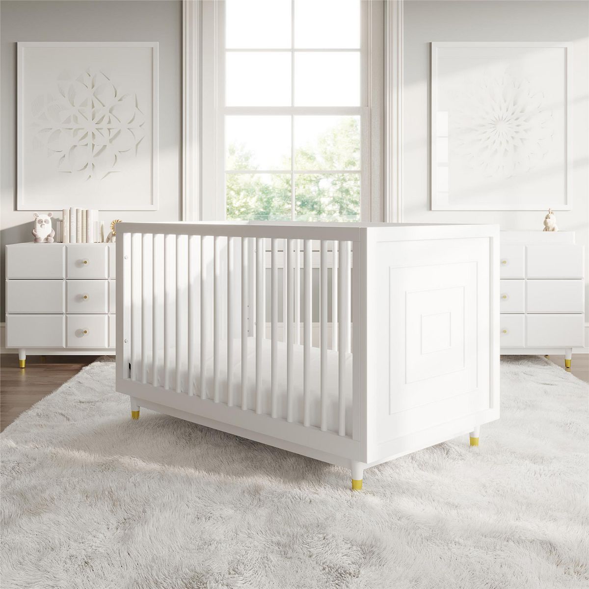 White 3-in-1 convertible crib with vertical slats and adjustable mattress height