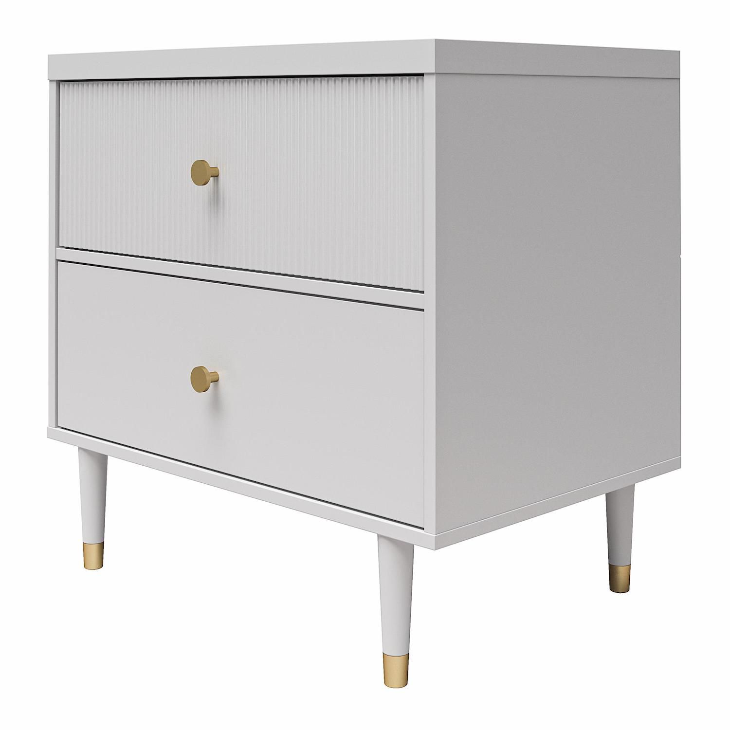 CosmoLiving Elizabeth Nachttisch, Weiß Mit Goldenen Griffen | 2 Schubladen, 69.8x68.6x25.7 Cm | Aus MDF, Mittelcentury-Design