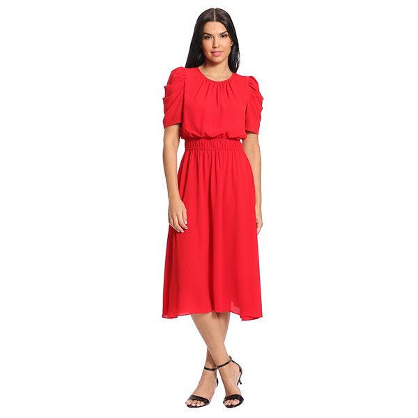 Women's London Times Smocked Puff-Sleeve Midi Dress