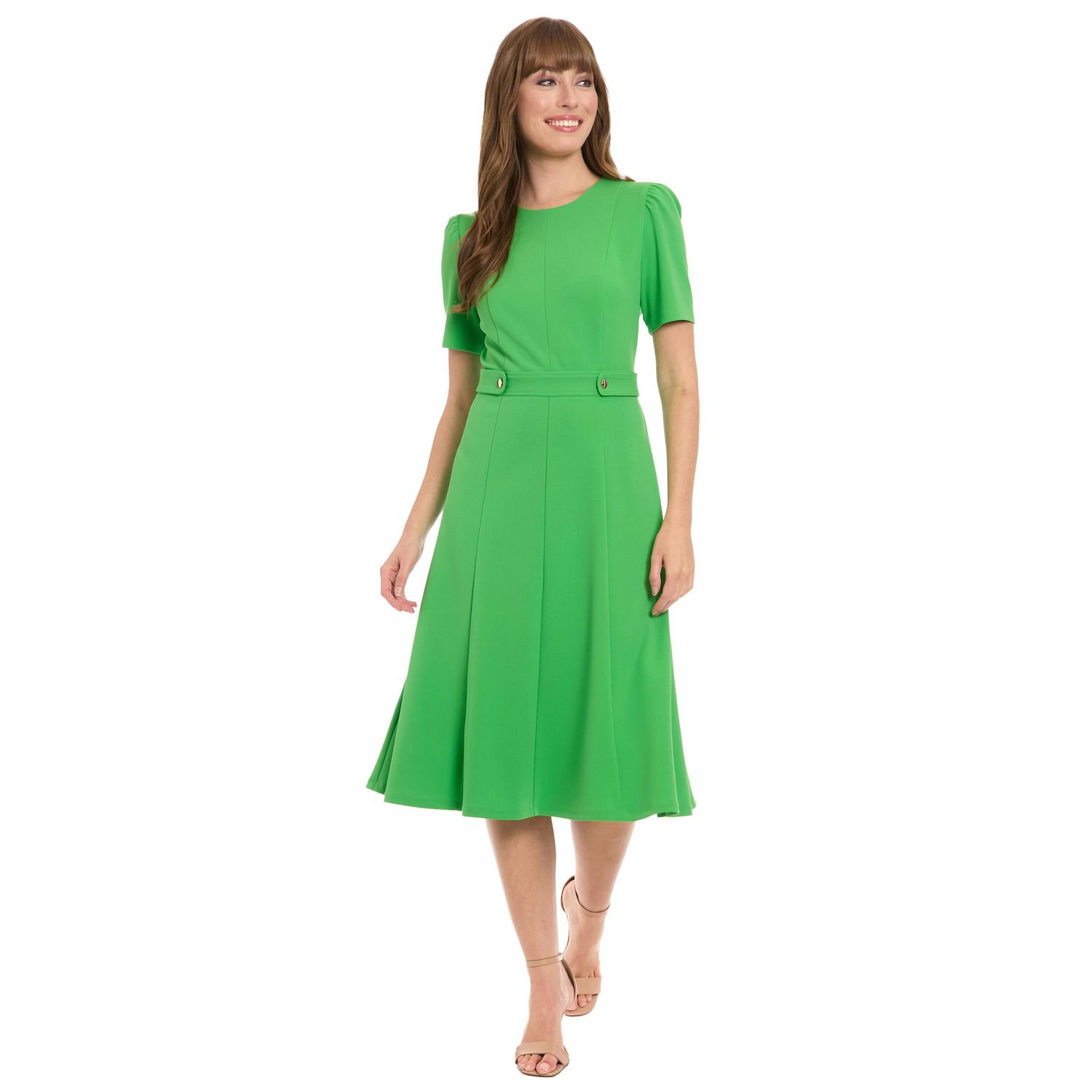 London Times Women's Puff-Sleeve Tab-Detail Fit & Flare Dress - Kelly Green - Size 12