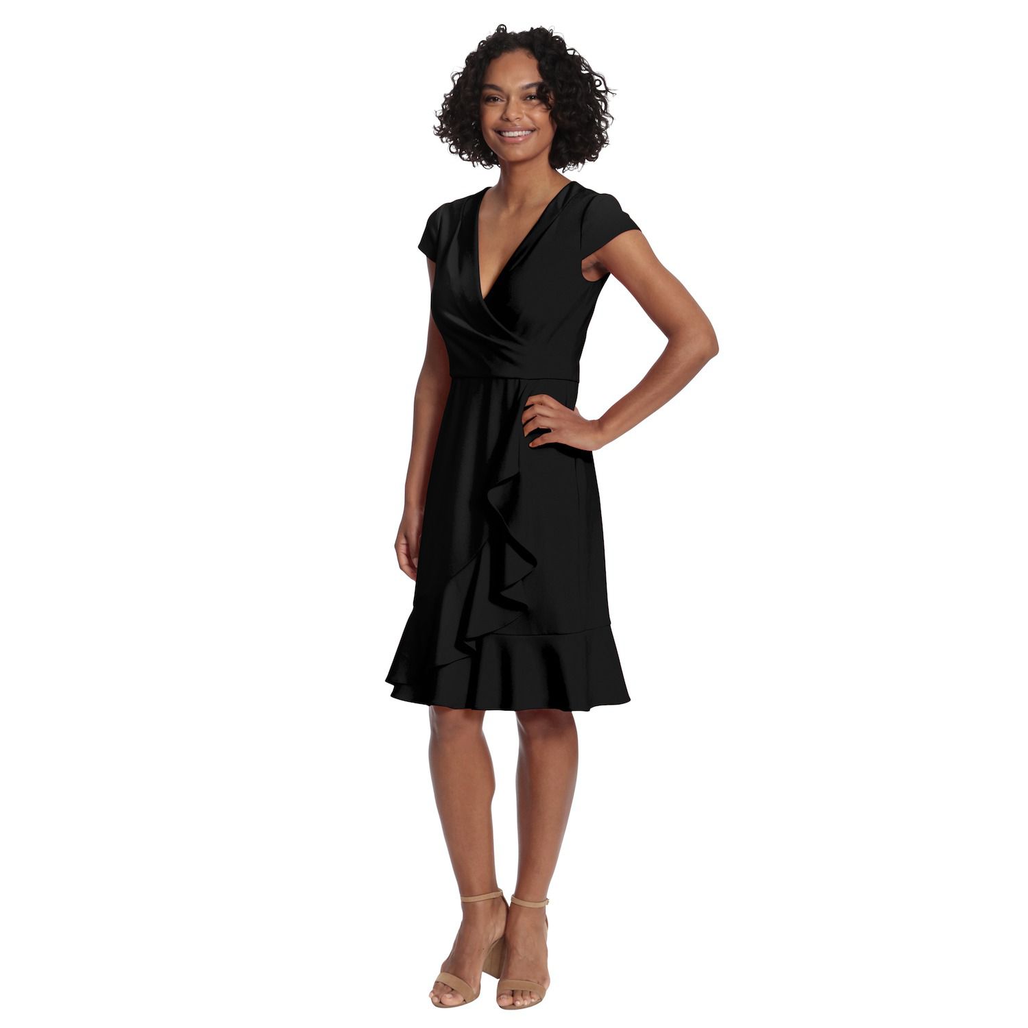 London Times Cascade Ruffle Faux-Wrap Dress