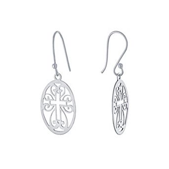Main And Sterling Sterling Silver Laser Cut Cross Oval Drop Earrings