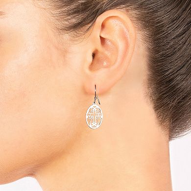 Main And Sterling Sterling Silver Laser Cut Cross Oval Drop Earrings