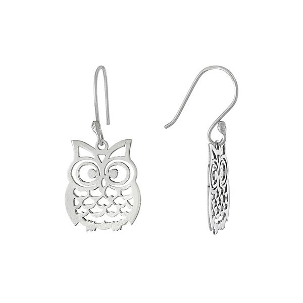 Main And Sterling Sterling Silver Laser Cut Owl Drop Earrings