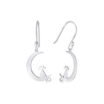 Main And Sterling Sterling Silver Laser Cut Moon & Cat Drop Earrings