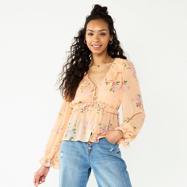 Juniors' SO® Button Front Print Blouse