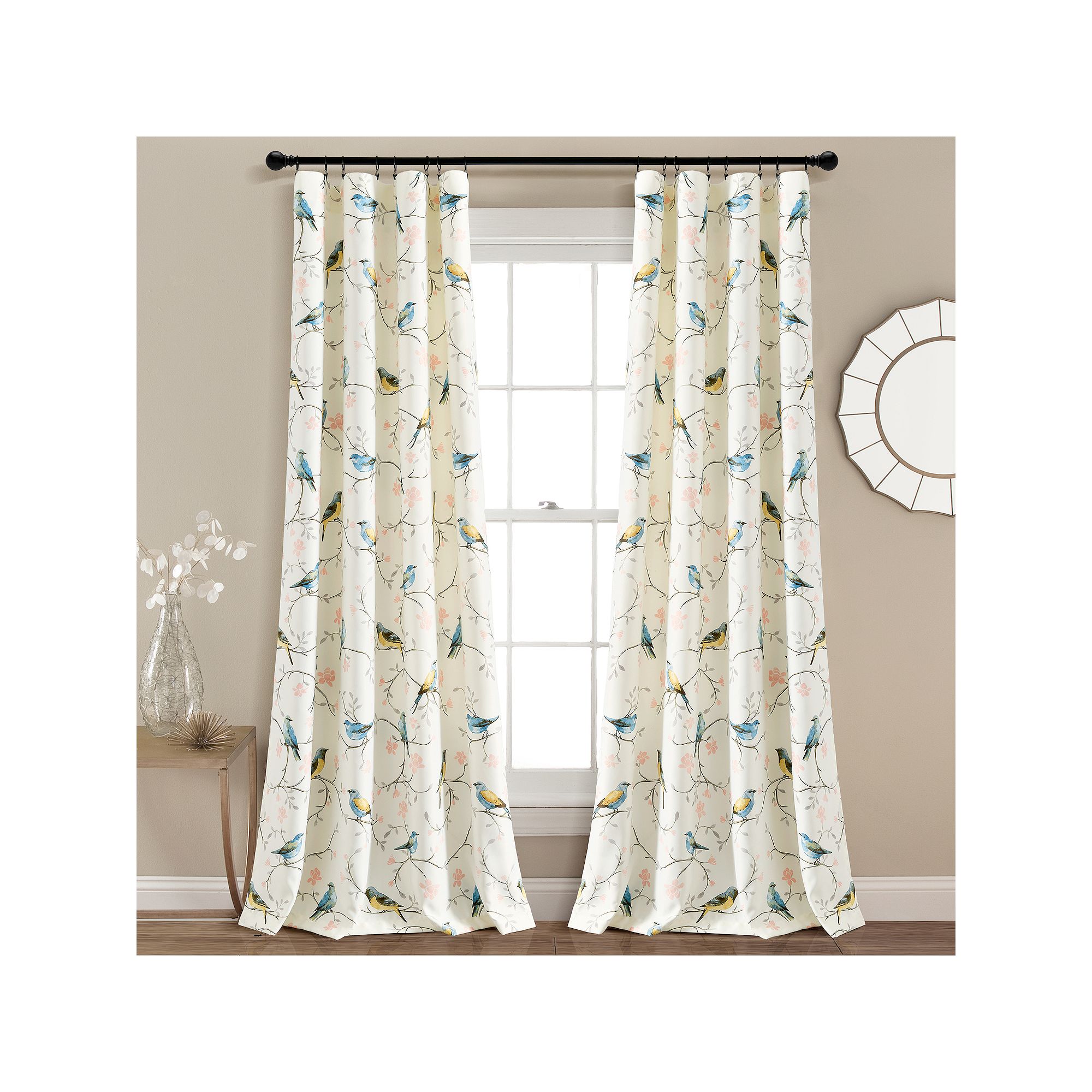 Lush Decor 2-Piece Botanical Bird And Flower Light Filtering Window Curtain
