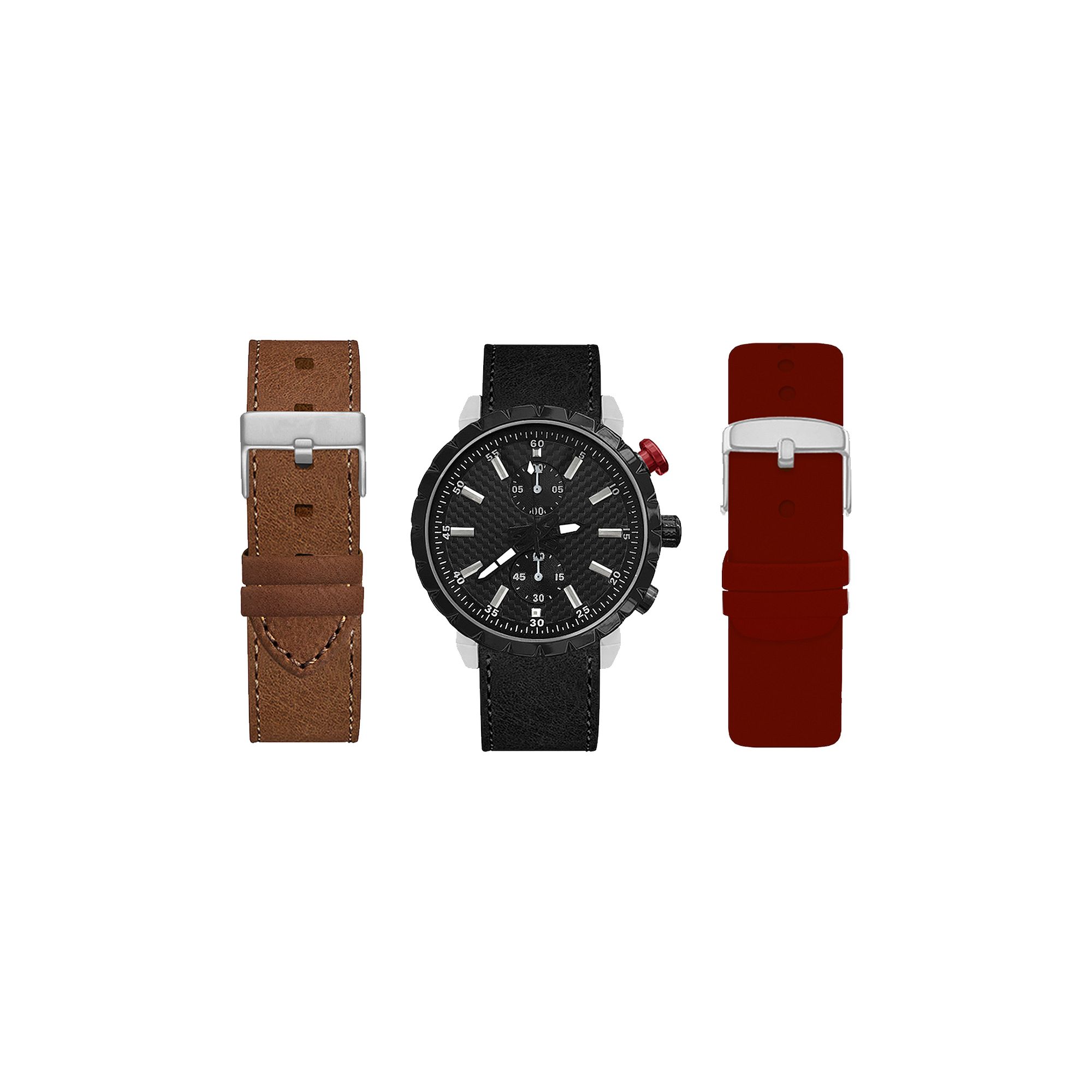 American Exchange Mens Black Watch with Burgundy, Brown & Black Interchang