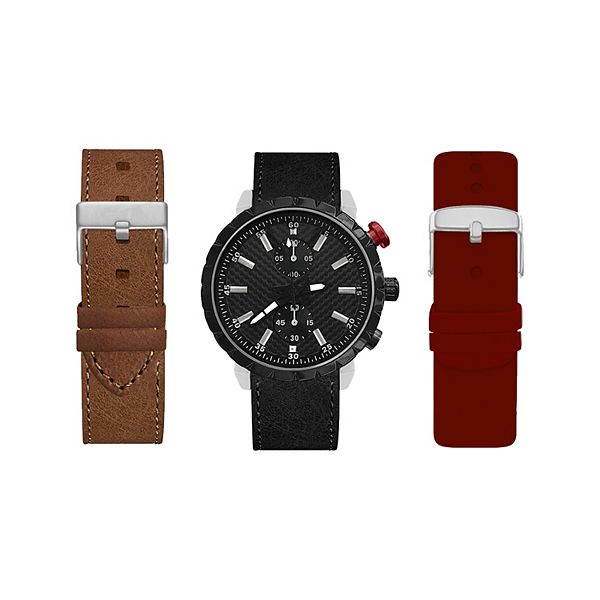 American Exchange Men's Black Watch with Burgundy, Brown & Black Interchangeable Straps - Multi