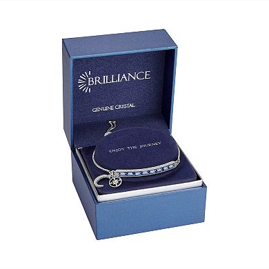 Brilliance Silver Tone Blue Crystal "Enjoy the Journey" Bar & Moon & Sun Charm Adjustable Bracelet