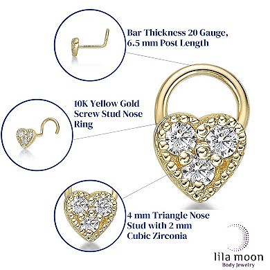 Lila Moon 10k Gold Cubic Zirconia Curved Heart Nose Ring Stud