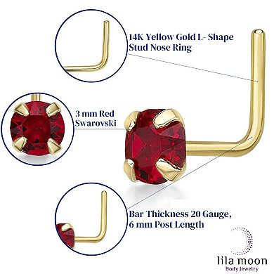 Lila Moon 14k Gold 3 mm Red Crystal L-Shape Nose Ring
