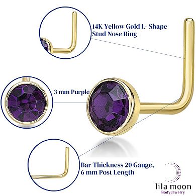 Lila Moon 14k Gold 3 mm Purple Crystal L-Shape Nose Ring