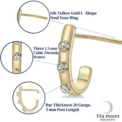 Lila Moon 14k Gold Cubic Zirconia 90-Degree J-Hoop Nose Ring