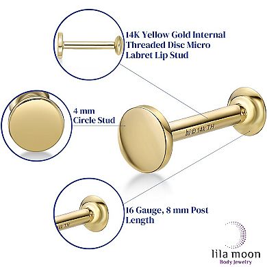 Lila Moon 14k Gold Internal Threaded Disc Micro Labret Lip Stud
