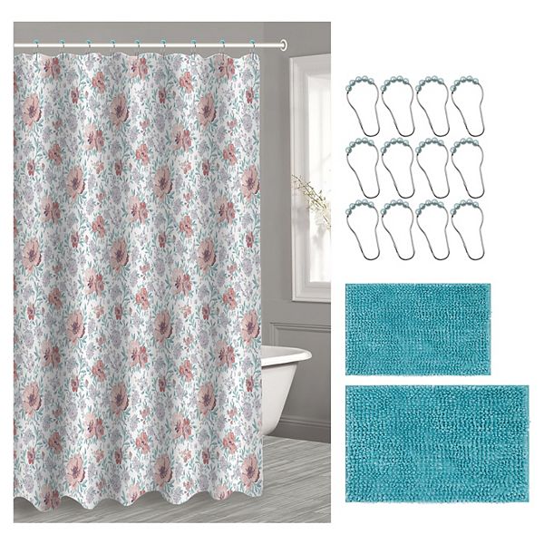 Popular Bath Rose Blossom 15piece Chenille Bath Rug & Shower Curtain Set