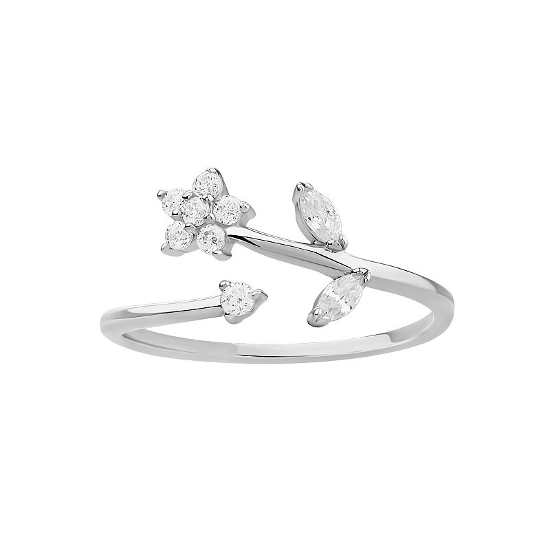 PRIMROSE Sterling Silver Cubic Zirconia Polished Flower Bypass Ring, Women