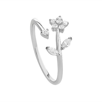 PRIMROSE Sterling Silver Cubic Zirconia Polished Flower Bypass Ring