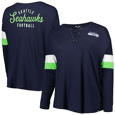 Women's New Era Navy Seattle Seahawks Plus Size Athletic Varsity Lace-Up V-Neck Long Sleeve T-Shirt