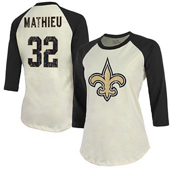 Women's Majestic Threads Tyrann Mathieu Cream/Black New Orleans Saints Name & Number Raglan 3/4 Sleeve T-Shirt