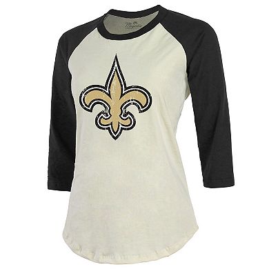 Women's Majestic Threads Tyrann Mathieu Cream/Black New Orleans Saints Name & Number Raglan 3/4 Sleeve T-Shirt