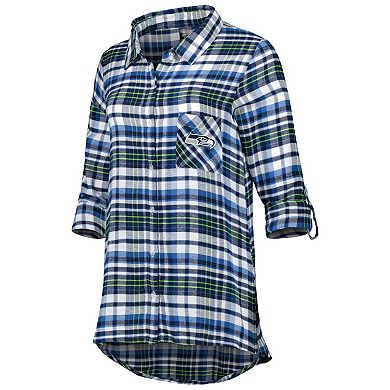 Women's Concepts Sport College Navy/Neon Green Seattle Seahawks Mainstay Flannel Full-Button Long Sleeve Nightshirt