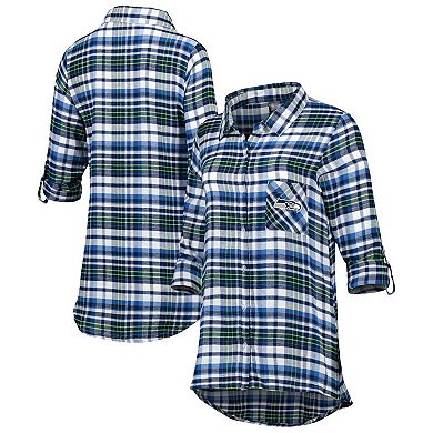 Women's Concepts Sport College Navy/Neon Green Seattle Seahawks Mainstay Flannel Full-Button Long Sleeve Nightshirt