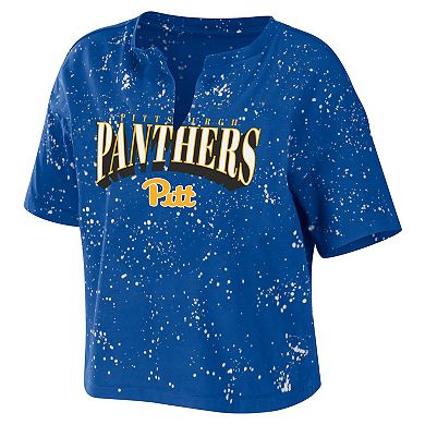 Women's WEAR by Erin Andrews Royal Pitt Panthers Bleach Wash Splatter Cropped Notch Neck T-Shirt