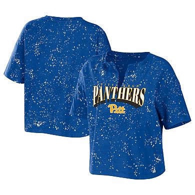 Women's WEAR by Erin Andrews Royal Pitt Panthers Bleach Wash Splatter Notch Neck T-Shirt