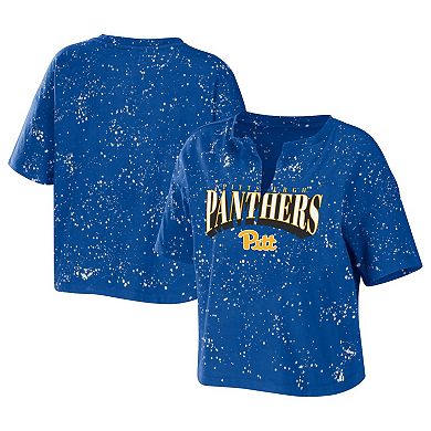 Women's WEAR by Erin Andrews Royal Pitt Panthers Bleach Wash Splatter Cropped Notch Neck T-Shirt