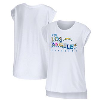 Women's WEAR by Erin Andrews White Los Angeles Chargers Greetings From Muscle T-Shirt