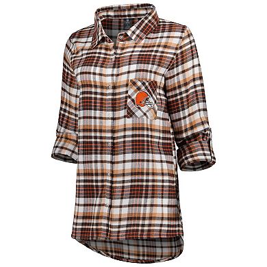 Women's Concepts Sport Brown Cleveland Browns Mainstay Plaid Full-Button Long Sleeve Nightshirt