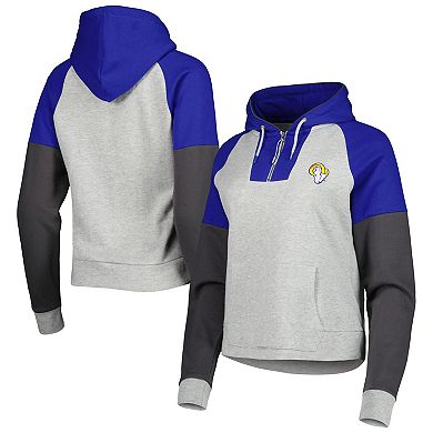 Women's Antigua Heather Gray Los Angeles Rams Lightweight Jackpot Raglan Half-Zip Pullover Hoodie
