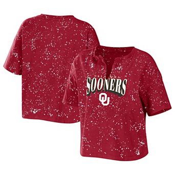 Women's WEAR by Erin Andrews Crimson Oklahoma Sooners Bleach Wash Splatter Cropped Notch Neck T-Shirt