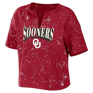 Women's WEAR by Erin Andrews Crimson Oklahoma Sooners Bleach Wash Splatter Notch Neck T-Shirt