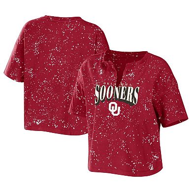 Women's WEAR by Erin Andrews Crimson Oklahoma Sooners Bleach Wash Splatter Notch Neck T-Shirt