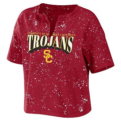 Women's WEAR by Erin Andrews Cardinal USC Trojans Bleach Wash Splatter Cropped Notch Neck T-Shirt