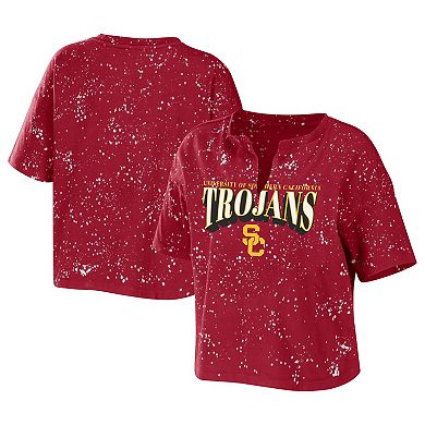 Women's WEAR by Erin Andrews Cardinal USC Trojans Bleach Wash Splatter Cropped Notch Neck T-Shirt