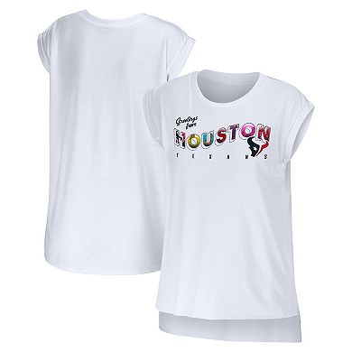 Women's WEAR by Erin Andrews White Houston Texans Greetings From Muscle T-Shirt