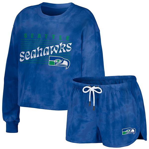 Women's WEAR by Erin Andrews Royal Seattle Seahawks Tie-Dye Cropped  Pullover Sweatshirt & Shorts Lounge Set