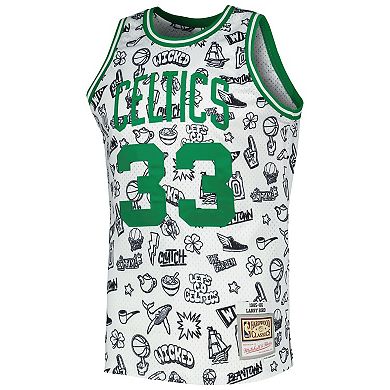 Men's Mitchell & Ness Larry Bird White Boston Celtics 1985-86 Hardwood Classics Doodle Swingman Jersey