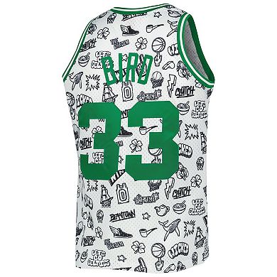 Men's Mitchell & Ness Larry Bird White Boston Celtics 1985-86 Hardwood Classics Doodle Swingman Jersey