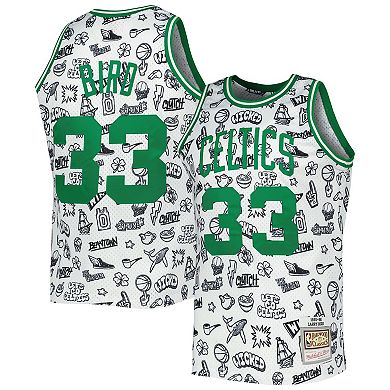 Men's Mitchell & Ness Larry Bird White Boston Celtics 1985/86 Hardwood Classics Doodle Swingman Jersey