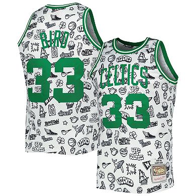 Men's Mitchell & Ness Larry Bird White Boston Celtics 1985-86 Hardwood Classics Doodle Swingman Jersey