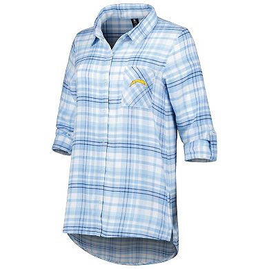 Women's Concepts Sport Powder Blue/Navy Los Angeles Chargers Mainstay Flannel Full-Button Long Sleeve Nightshirt