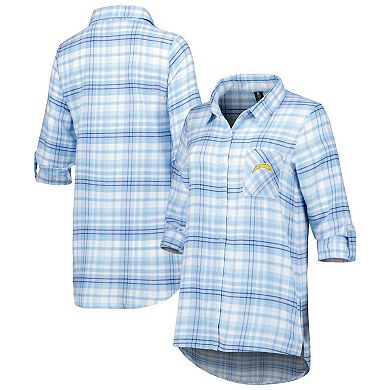 Women's Concepts Sport Powder Blue/Navy Los Angeles Chargers Mainstay Flannel Full-Button Long Sleeve Nightshirt