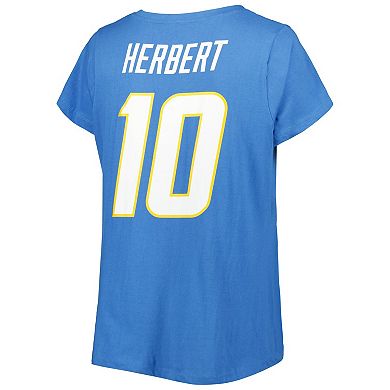Women's Justin Herbert Powder Blue Los Angeles Chargers Plus Size Fair Catch Name & Number V-Neck T-Shirt